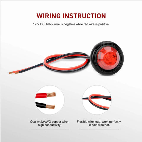 10 Pack 3/4 Inch Round LED Clearance Lights For Trucks RVs Cars Buses Trailers And Boats Front Rear Side Marker Indicator Bullets 12V Red with wiring
