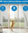 Top Shelf Aluminum Insect Screen Mesh Roll, Rock Solid Bug Barrier Window Replacement Material, Heavy Duty 72 Inch by 100 Foot Screen Fabric for Exterior Doors and Patios, Elegant Silver, shown with dog near windows.