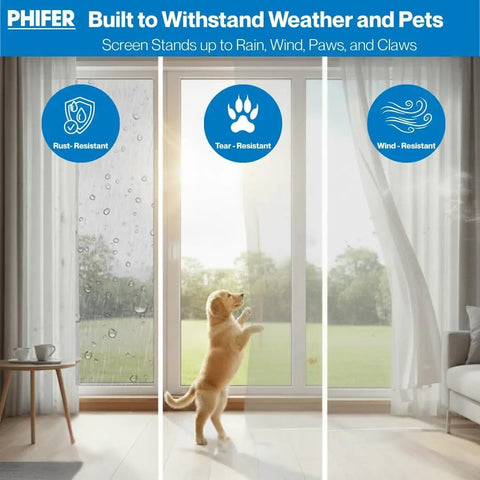 Top Shelf Aluminum Insect Screen Mesh Roll, Rock Solid Bug Barrier Window Replacement Material, Heavy Duty 72 Inch by 100 Foot Screen Fabric for Exterior Doors and Patios, Elegant Silver, shown with dog near windows.