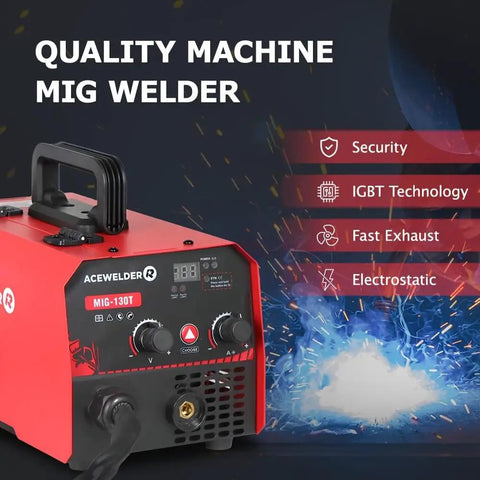 Acewelders Super Cool 130A Gasless Flux Core Mig Welder with IGBT technology and control panel for easy operation.