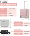 All In One 3 Piece Luggage Set With 16 Inch Front Opening Carry On, Expandable PC Hardshell Suitcase, 14 Inch Cosmetic Case And Crossbody Handbag displayed with size reference
