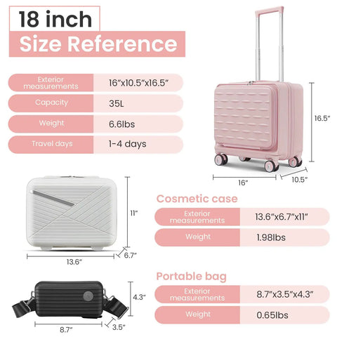All In One 3 Piece Luggage Set With 16 Inch Front Opening Carry On, Expandable PC Hardshell Suitcase, 14 Inch Cosmetic Case And Crossbody Handbag displayed with size reference