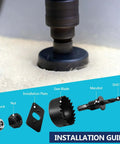 Close-up of Amazon 18-piece hole saw kit cutting wood; shows mandrel, drill bits, installation plate.