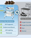 Solid Ecommerce Packing Table And Mobile Shipping Station With Built In Power And Led Lights, Ergonomic Standing Workbench Featuring Esd Safe Surface, Tape Dispenser, Storage Shelves, Built Tough Frame, Smooth Rolling Wheels, 1400 Lb Capacity comparison image with features highlighted.