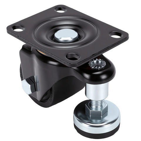 Heavy Duty Leveling Casters With 2.5 Inch Wheels, Shop Ready Plate Mount Rollers for workbenches, featuring durable black mount.