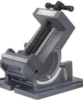 Heavy Duty 4 Inch Precision Milling Vise With Tilting Guide Rod And Adjustable Angle Bench Clamp For Metalworking Jobs and Surface Grinder Work, angled view showing adjustable tilt head.