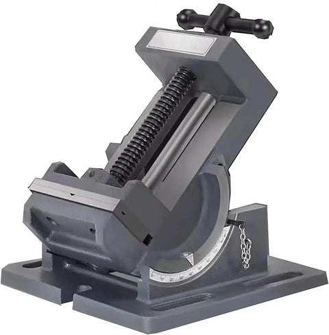 Heavy Duty 4 Inch Precision Milling Vise With Tilting Guide Rod And Adjustable Angle Bench Clamp For Metalworking Jobs and Surface Grinder Work, angled view showing adjustable tilt head.