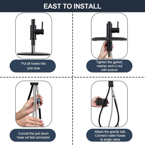 Installation guide for IKEBANA Black Kitchen Faucet with Pull Down Sprayer showing steps for connecting hoses.