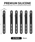 25 Pack Reusable Silicone Cable Ties Ultra Flexible Cord Wraps For Electrical Cords Phone Chargers Earphones And USB Cables No Scratch High Elasticity Up To 36cm Black front view