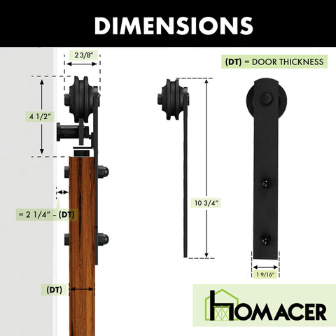 Dimensions of Black Rustic Non Bypass Sliding Barn Door Hardware Kit For Double Doors 7.5 Ft Flat Track With Straight Rollers