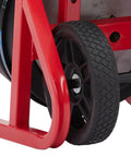 Built Tough Auto Feed Electric Drain Auger features red metal frame with durable wheel for easy mobility and 75 feet cable.