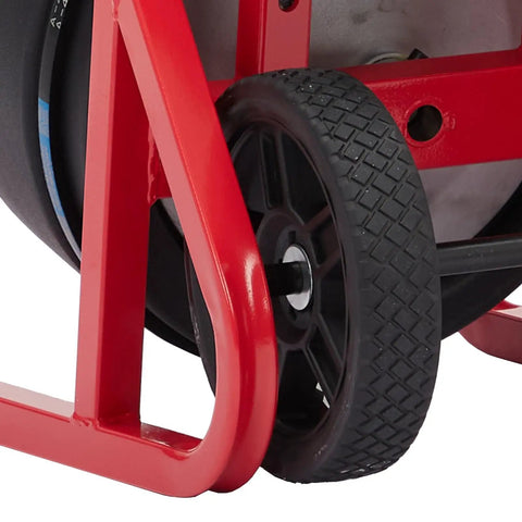 Built Tough Auto Feed Electric Drain Auger features red metal frame with durable wheel for easy mobility and 75 feet cable.