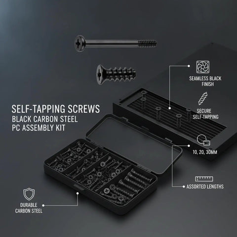 Self Tapping Screws Black Carbon Steel Fastener Kit for Your PC Case Build with assorted lengths and durable storage case.