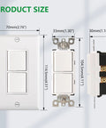 Dimensions of Duplex Rocker Combination Decorator Switch With Wall Plate, 15 Amp 120V Dual Light Switch, Space Saving 2 In 1 Stack Switch For Fan And Light Control, UL Listed, White, 1 Pack