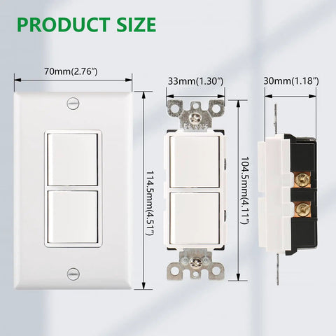 Dimensions of 2 Pack Combo Rocker Switch And Duplex Outlet With Wall Plate Included 15 Amp 120V Single Pole Light Switch Receptacle UL Listed