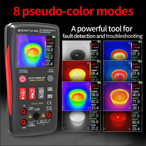 All In One Thermal Imaging And Digital Multimeter For Electricians And HVAC Pros, 96 By 96 IR Resolution showing thermal readings