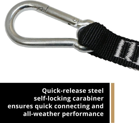 Close-up of Shock Absorbing Tool Lanyard With Steel Self Locking Carabiner Adjustable Loop And One Hand Release 15 Pound Weight Capacity