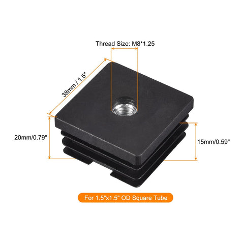Four Pack M8 Threaded Inserts For One And A Half Inch Square Tube Black Plastic Plug Caster Inserts For Chair End Caps