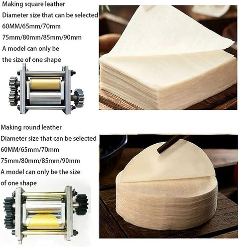 Zero Drama Automatic Dumpling Skin Maker And Stainless Steel Dough Press shows dough sheets and machine for making round and square wrappers.