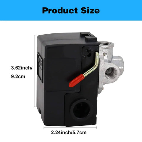 Four Port Air Compressor Pressure Switch Replacement 95-125 PSI NPT Quarter Inch Female With Unloader Valve And Relief Valve 20 Amp Control Durable 6.3 mm Unloader Connection Easy Install For Reliable Smooth Operation side view with dimensions