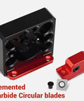 Rock Solid Aluminum Dowel Jig For Standard Power Drills Adjustable Eight Size Wood Dowel Cutter Kit With Razor Sharp Carbide Blades showing carbide circular blades.