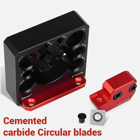 Rock Solid Aluminum Dowel Jig For Standard Power Drills Adjustable Eight Size Wood Dowel Cutter Kit With Razor Sharp Carbide Blades showing carbide circular blades.