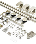8 Foot Brushed Stainless Steel Bypass Sliding Barn Door Hardware Kit For Low Ceiling Top Mount System With Heavy Duty Rollers Long Track Rails Wall Connectors Floor Guides And Stopper Set shown from above