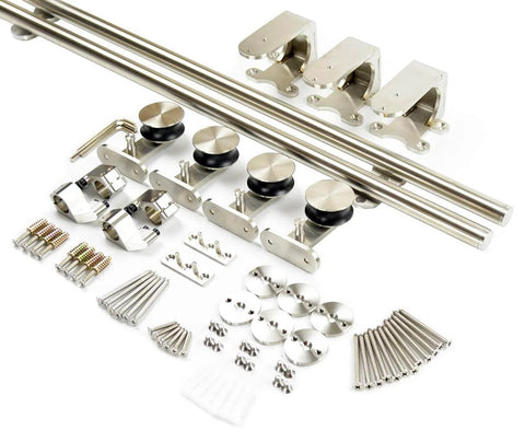8 Foot Brushed Stainless Steel Bypass Sliding Barn Door Hardware Kit For Low Ceiling Top Mount System With Heavy Duty Rollers Long Track Rails Wall Connectors Floor Guides And Stopper Set shown from above