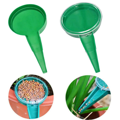 Top view of green seed spreaders with close-up images showing seeds and usage. 7 Piece Mini Handheld Seed Spreader Kit With Adjustable Speeds 12 Hole Dibber And Pro Grade All In One Seed Dispenser Planter For Lawn Garden Farm Yard Sowing Easy Seedling Transplanting Set.
