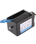 24V DC Solenoid Electromagnet for Opening Frame, Pull Push Type, Model JF-1578B, 8A Current, Beefy 5 Kg Pull Force, Compact 3.15 x 1.97 x 1.77 in Black Metal Plastic Build, black solenoid with blue wires
