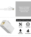 Image showing Cat6 RJ45 Keystone Coupler 25 Pack Female to Female UTP Inline Jack for Ethernet, white, with tool-free design and gold-plated contacts.