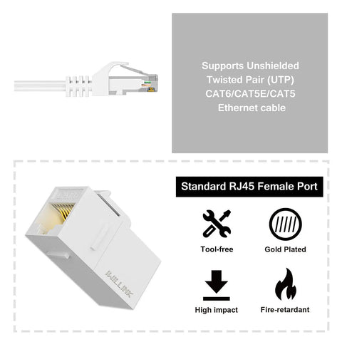Image showing Cat6 RJ45 Keystone Coupler 25 Pack Female to Female UTP Inline Jack for Ethernet, white, with tool-free design and gold-plated contacts.