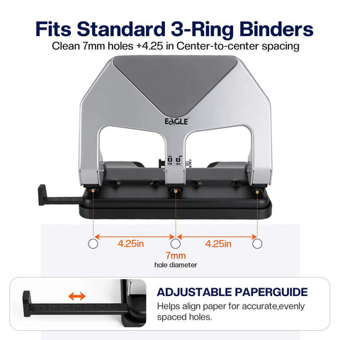 Heavy Duty Lever Action Paper Punch with adjustable guide, 7mm holes, fits standard 3-ring binders, office use.