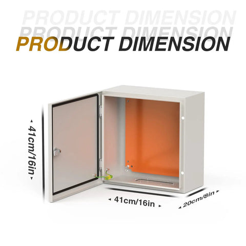 IP66 Waterproof Electrical Enclosure Box 16x16x8 Inches dimensions shown with open door and mounting plate visible.