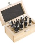 Top Shelf Carbon Steel Plug Cutting Set Eight Piece Woodworking Kit includes cutters in a wooden case, ideal for fine carpentry.