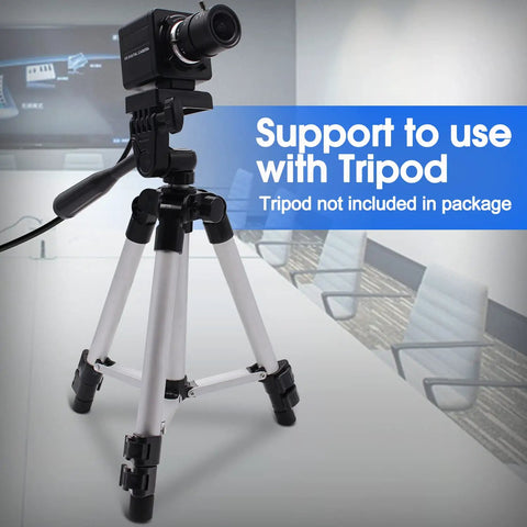 8MP USB Camera High Speed 30FPS 2.8-12mm Zoom Lens With 4X Optical Zoom mounted on a tripod in a meeting room setup