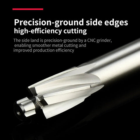 Close-up view of M5 Straight Shank Counterbore End Mill 4 Flute HSS, showcasing precision-ground side edges for metalworking.