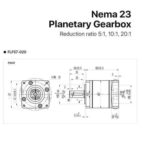 Heavy Duty Nema 23 Planetary Gearbox Speed Reducer For Stepper Motors with measurement diagram, input shaft and gear details.