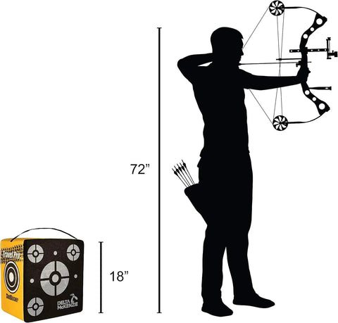 Silhouette of archer aiming at Travel Pro Portable Layered Foam Archery Target with Welded Core Technology next to size comparison.