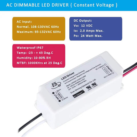 Dimmable 12V LED Driver 24W Power Supply With IP67 Waterproof Rating Triac And ELV Dimming Ready 120V AC Line Dimming.
