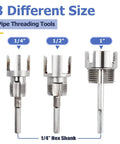 Mesee 3 Piece Pipe Threading Tool Kit With Internal External Tube Thread Cutter For 1/2 Inch 3/4 Inch And 1 Inch PVC Pipes Featuring Dual Function Carbon Steel Blades Quick Change Hex Shank Fit For Electric Drills For Pros three sizes of pipe threading tools displayed, 1/4 inch, 1/2 inch, and 1 inch.