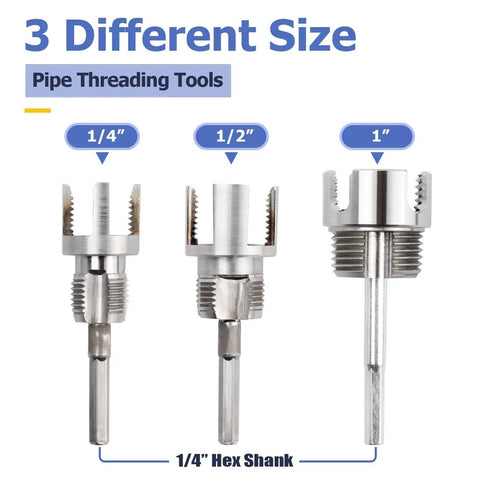 Mesee 3 Piece Pipe Threading Tool Kit With Internal External Tube Thread Cutter For 1/2 Inch 3/4 Inch And 1 Inch PVC Pipes Featuring Dual Function Carbon Steel Blades Quick Change Hex Shank Fit For Electric Drills For Pros three sizes of pipe threading tools displayed, 1/4 inch, 1/2 inch, and 1 inch.