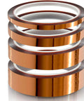 Four rolls of high temperature polyimide tape, perfect for PCB and CPU protection, 1 mil Kapton style heat shield with silicone adhesive, residue-free.