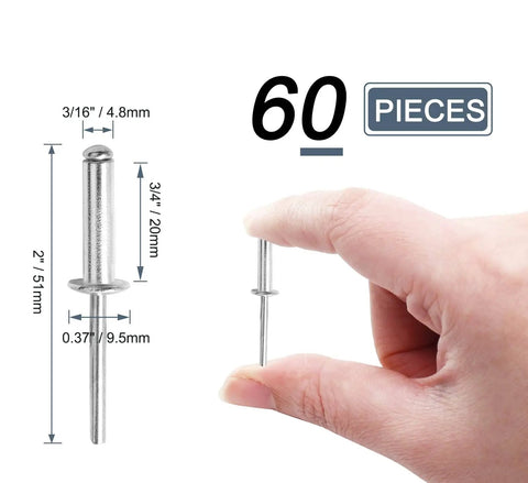 Close-up of hand holding Aluminum Pop Rivets Kit, 60-Piece Set, Diameter Three Sixteenth Inch, Grip Length Three Quarter Inch.