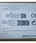 Shipping label on carton with handling instructions and manufacturer details, marked 'Made in China' and recycling symbols.