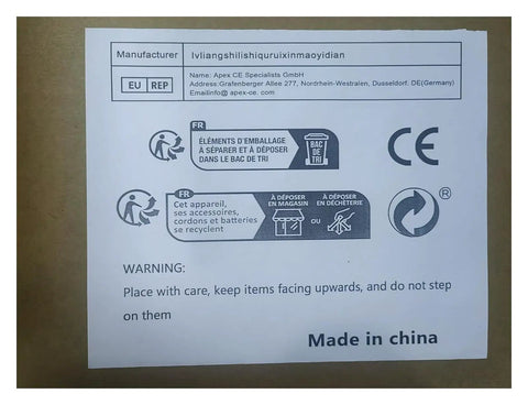 Shipping label on carton with handling instructions and manufacturer details, marked 'Made in China' and recycling symbols.