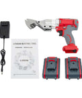 21V Electric Metal Shears With Swivel Head, Heavy Duty Sheet Metal Cutter, charger, manual, and two batteries displayed