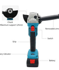 Front view of Cordless 20V Angle Grinder That Packs a Punch With 8500 RPM Brushless Motor, showing grip, battery, and controls