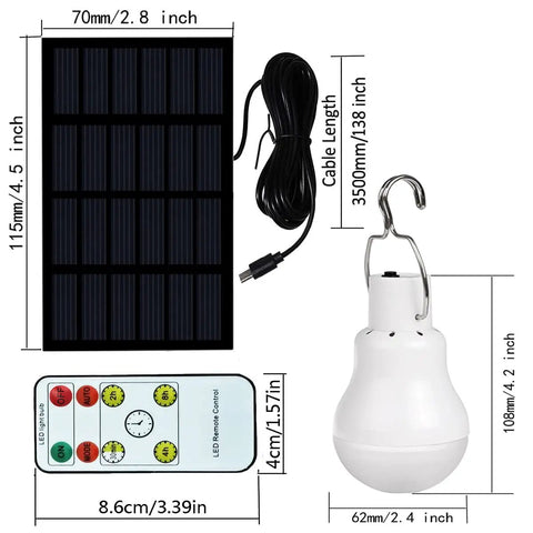 Portable Solar Powered Light Bulb Lantern With 350LM Output For Camping Hiking Fishing Tent Indoor Shed Chicken Coop And Emergency Power USB Chargeable And Weatherproof Outdoor Lighting; showing components and measurements, solar panel, remote, light bulb with hook.