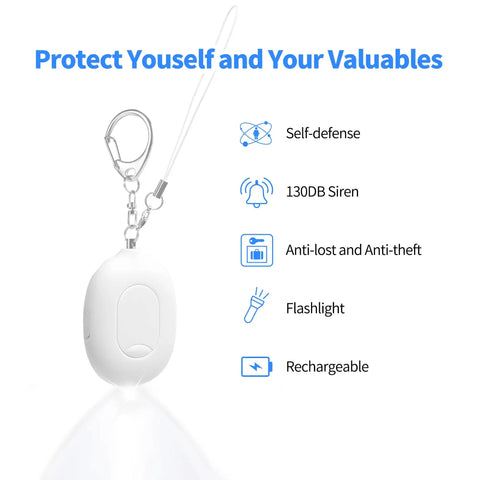 Portable Door Alarm Stopper For Travel, 130dB Siren, USB Rechargeable Vibration Sensor With LED Flash, Lightweight Safety Alarm For Hotels, Home, Apartments And On The Go, white keychain alarm